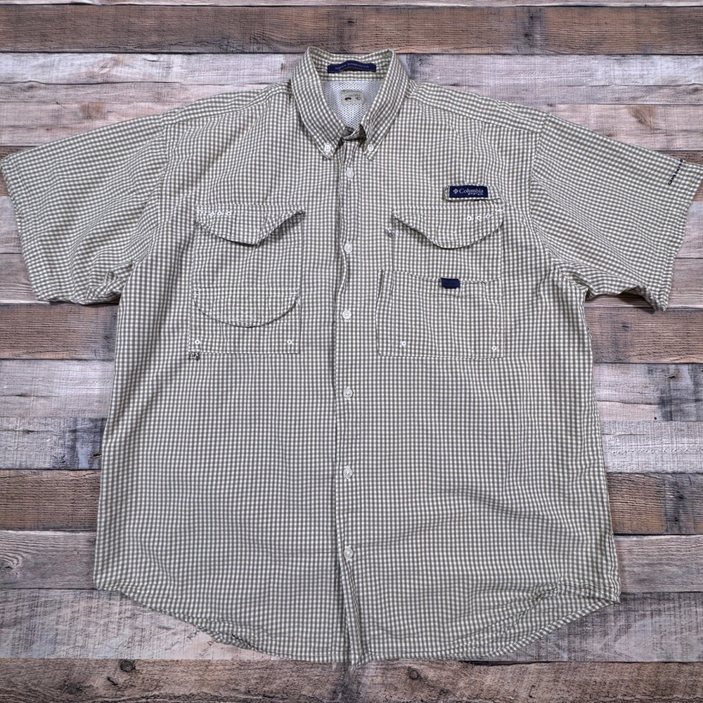 Columbia PFG Super Bonehead Fishing Shirt Mens Large Khaki Gingham‎ FM7272